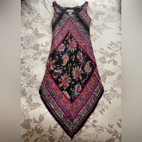 Vintage Y2K Vibrant Paisley Print Handkerchief Hem Bandana Midi Dress 8 Petite - Picture 1 of 6